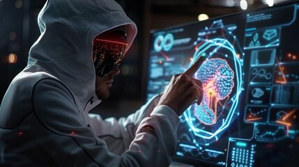 Futuristic Hacker with Digital Glasses Analyzing Neural Data on Advanced Computer Interface Screen.