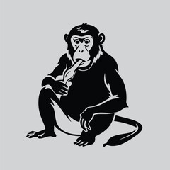 Monkey Snack Time Black and White Drawing