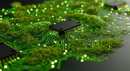 Sustainable Green Technology Background with Leaf Circuit Board.