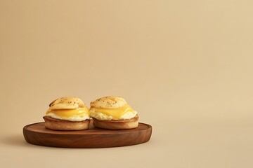 Classic eggs benedict served on rustic wooden plate, isolated on plain beige background with wide empty margins 