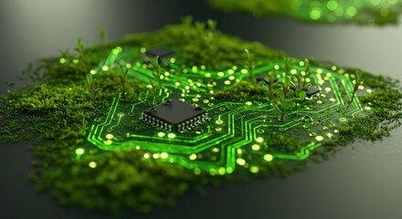 Sustainable Green Technology Background with Leaf Circuit Board.