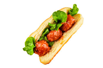 Meatball sandwich fast food meat dish fresh delicious gourmet food background on the table rustic food top view copy space