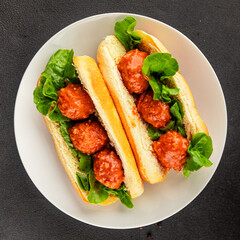 Meatball sandwich fast food meat dish fresh delicious gourmet food background on the table rustic food top view copy space