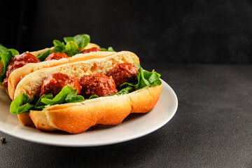 Meatball sandwich fast food meat dish fresh delicious gourmet food background on the table rustic food top view copy space