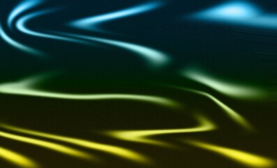 Abstract flowing waves of light in blue green and yellow on dark background
