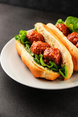 Meatball sandwich fast food meat dish fresh delicious gourmet food background on the table rustic food top view copy space