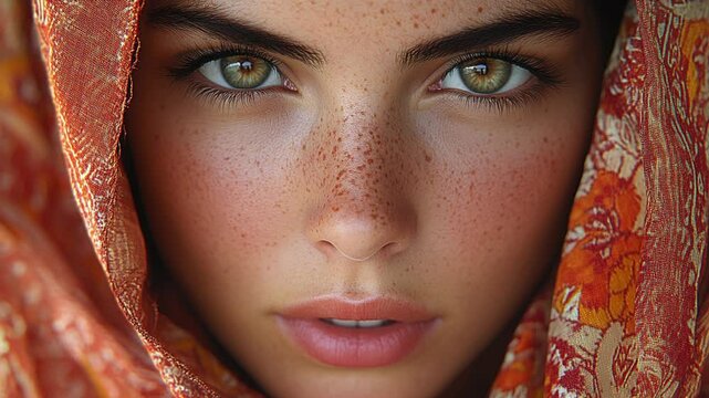Close-up portrait of woman with green eyes and freckles wearing patterned orange headscarf
