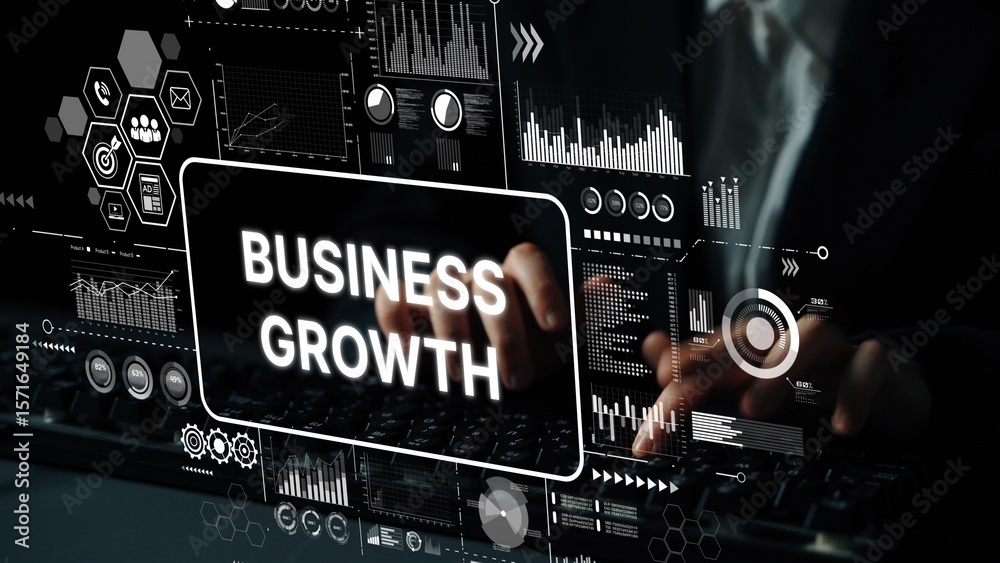 Poster business growth strategies in the digital age with data analytics and technology visualizations. asy