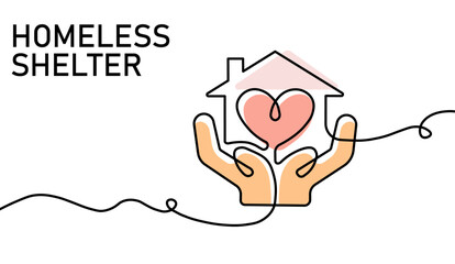Line art illustration of a house supported by hands, symbolizing a caring homeless shelter.