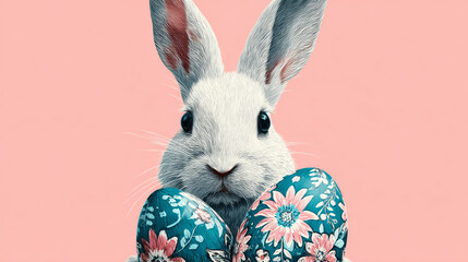 Easter banner with egg and rabbit in digital style. Vector illustration of Easter background in technological style