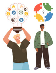 Person holding light bulb with colorful gears, another standing nearby with puzzle pieces. Ideal for teamwork, brainstorming, problem-solving, creativity, strategy, innovation collaboration. Simple