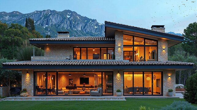exterior design of an old stone house in mallorca, traditional mediterranean style with modern furniture and lighting, garden terrace