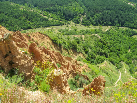 Stob Earth Pyramids in Bulgaria with natural sandstone formations and green vegetation. Geology, erosion, rock columns, landscape, outdoor, travel, natural landmark, Balkan, terrain, scenic view