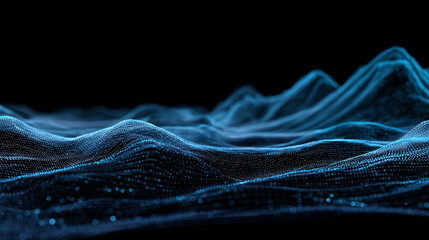 Image of horizontal lines of blue particles and undulating 3d landscape on black background. Communication technology, abstract digital interface background concept digitally generated image.