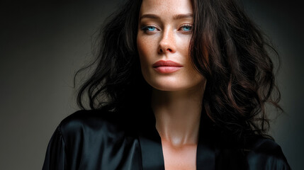 Fototapeta premium Confident woman with dark wavy hair, blue eyes, fair skin, wearing black satin robe, natural makeup, studio portrait