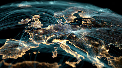 dynamic digital world map emphasize Western Europe continental  for AI powered global network connectivity big data transfer cyber technology network information exchange and telecommunication conc