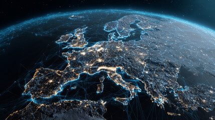 dynamic digital world map emphasize Western Europe continental  for AI powered global network connectivity big data transfer cyber technology network information exchange and telecommunication conc