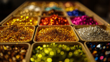 Assorted glitter collection in containers for crafts and art projects with vibrant colors and textures