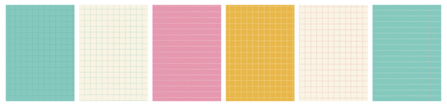 A4 sized back to school background templates set for education concept. Colorful notebook pages, sheets and colored graph grid paper with grid and striped texture. vector illustration with copy space