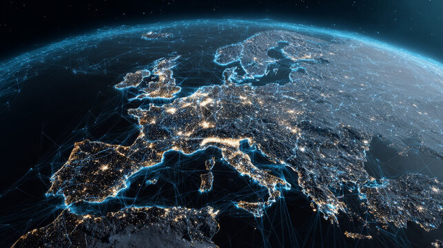 Fototapeta dynamic digital world map emphasize Western Europe continental  for AI powered global network connectivity big data transfer cyber technology network information exchange and telecommunication conc
