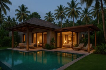 Fototapeta premium Tropical Villa with Infinity Pool at Twilight 