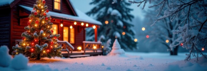 Christmas tree illuminating snowy landscape in front of cozy wooden house
