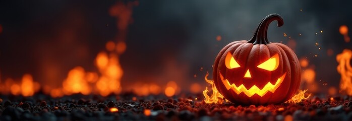 Halloween pumpkin burning in flames at night