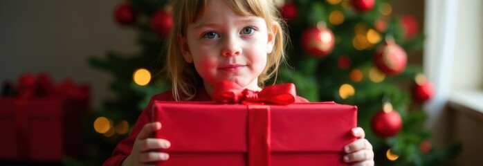 Little girl holding christmas gift in front of decorated tree