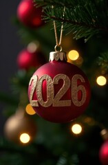 Red christmas ball showing 2026 hanging on christmas tree with lights