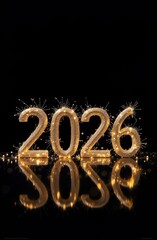 Golden 2026 sparkling with fireworks on reflective surface celebrating new year's eve