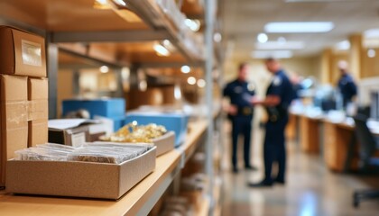 Interior view of a police station’s evidence room showcasing organized shelves and boxes.
