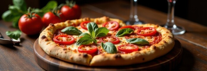 Delicious pizza margherita with tomatoes and basil on wooden table