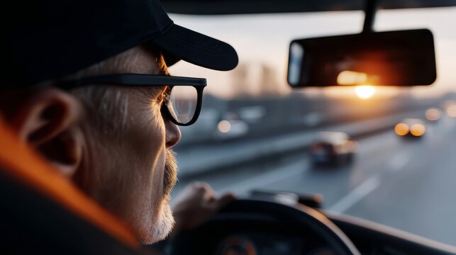Truck driver inspecting rearview mirror while on the road. 