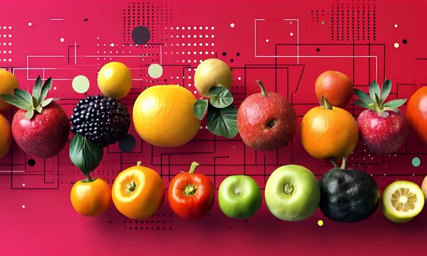 Vibrant display of assorted fruits on a bright red background with abstract geometric patterns