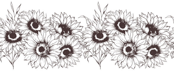 Seamless Sunflower Garland. Seamless Horizontal Sunflowers Background. Sunflower Line Art Drawing. Seamless Flower Design. Botanical garland seamless. Border Frame