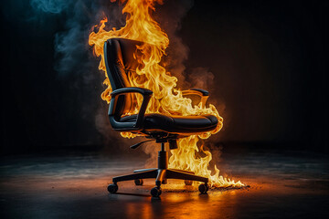 Burning office chair concept image for job burnout stress and workplace frustration in a dark setting