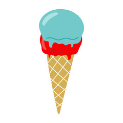 Colorful ice cream cone with blue and red scoops dripping on sunny day