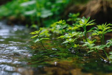 Fototapeta premium Spring green plants thrive along a clear flowing stream in a tranquil setting showcasing nature's vibrant beauty and freshness