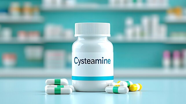 Close-up of a white bottle labeled 'Cysteamine' surrounded by colorful capsules on a pharmacy-like background.