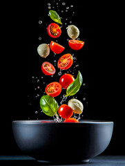 Fresh caprese salad ingredients falling into bowl on black background food photography concept