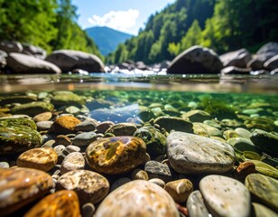 Obraz premium Crystal-clear riverbed, rocks, and lush mountain backdrop