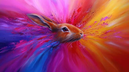 Obraz premium Colorful hare bursts from vibrant explosion