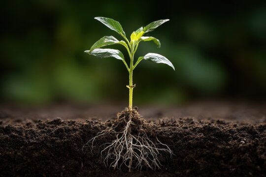 Green seedling thriving in rich soil, showcasing early growth stages with vibrant leaves and strong roots in a nurturing environment