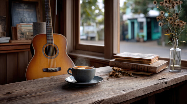 Steaming coffee cup wooden table acoustic guitar vintage books dried flowers cozy cafe natural light peaceful morning