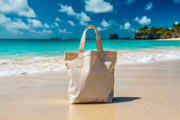 Beach tote bag mockup on tropical beach with ocean view for summer vacation branding and marketing