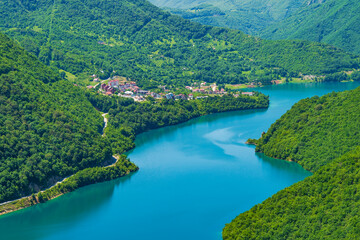 Fototapeta premium View of Lake Piva, an artificial reservoir created as a result of the construction of Mratinje Dam on the Piva River in Montenegro