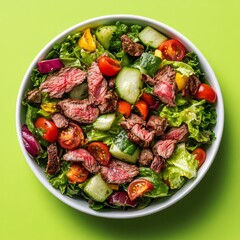 A bowl of salad with meat and vegetables