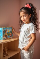 Latina girl with wavy dark hair and bright scrunchie placing puzzle box by wooden toy shelf Generative AI