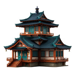 Traditional japanese multi tiered pagoda architecture with teal roofs isolated on transparent background