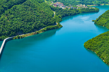 Fototapeta premium View of Lake Piva, an artificial reservoir created as a result of the construction of Mratinje Dam on the Piva River in Montenegro